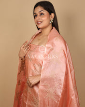 Load image into Gallery viewer, Peach Embroidered Pure Tussar Silk Unstitched Suit Set