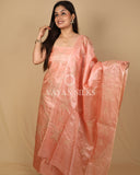 Peach Embroidered Pure Tussar Silk Unstitched Suit Set