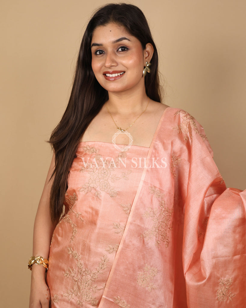 Peach Embroidered Pure Tussar Silk Unstitched Suit Set