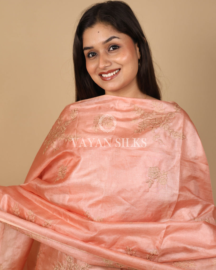 Peach Embroidered Pure Tussar Silk Unstitched Suit Set