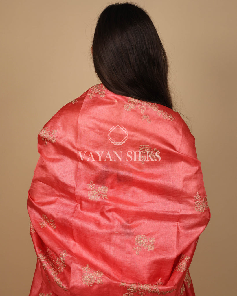 Peach Orange Embroidered Pure Tussar Silk Unstitched Suit Set