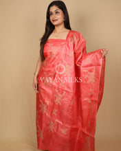 Load image into Gallery viewer, Peach Orange Embroidered Pure Tussar Silk Unstitched Suit Set