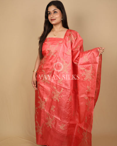 Peach Orange Embroidered Pure Tussar Silk Unstitched Suit Set