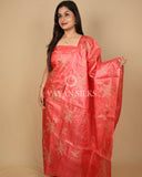 Peach Orange Embroidered Pure Tussar Silk Unstitched Suit Set