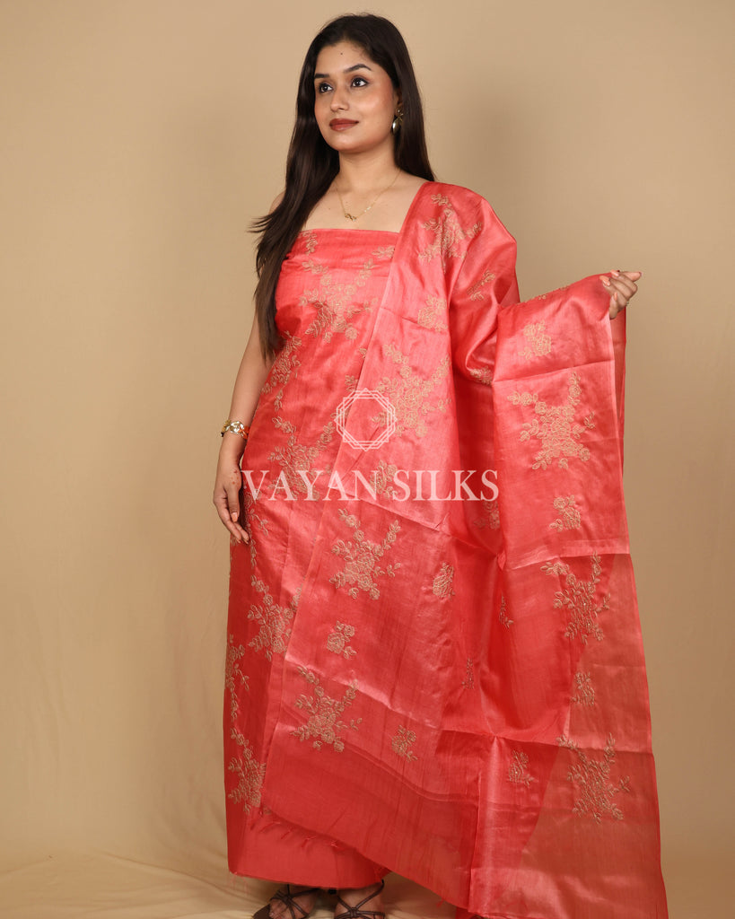 Peach Orange Embroidered Pure Tussar Silk Unstitched Suit Set