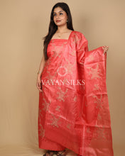 Load image into Gallery viewer, Peach Orange Embroidered Pure Tussar Silk Unstitched Suit Set