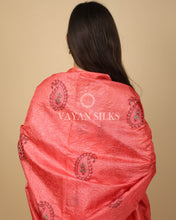 Load image into Gallery viewer, Peach Orange Embroidered Pure Tussar Silk Unstitched Suit Set