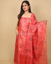Load image into Gallery viewer, Peach Orange Embroidered Pure Tussar Silk Unstitched Suit Set