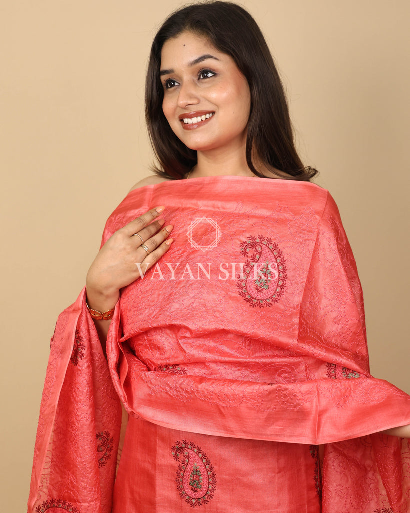 Peach Orange Embroidered Pure Tussar Silk Unstitched Suit Set