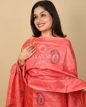 Load image into Gallery viewer, Peach Orange Embroidered Pure Tussar Silk Unstitched Suit Set