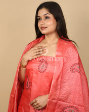 Load image into Gallery viewer, Peach Orange Embroidered Pure Tussar Silk Unstitched Suit Set