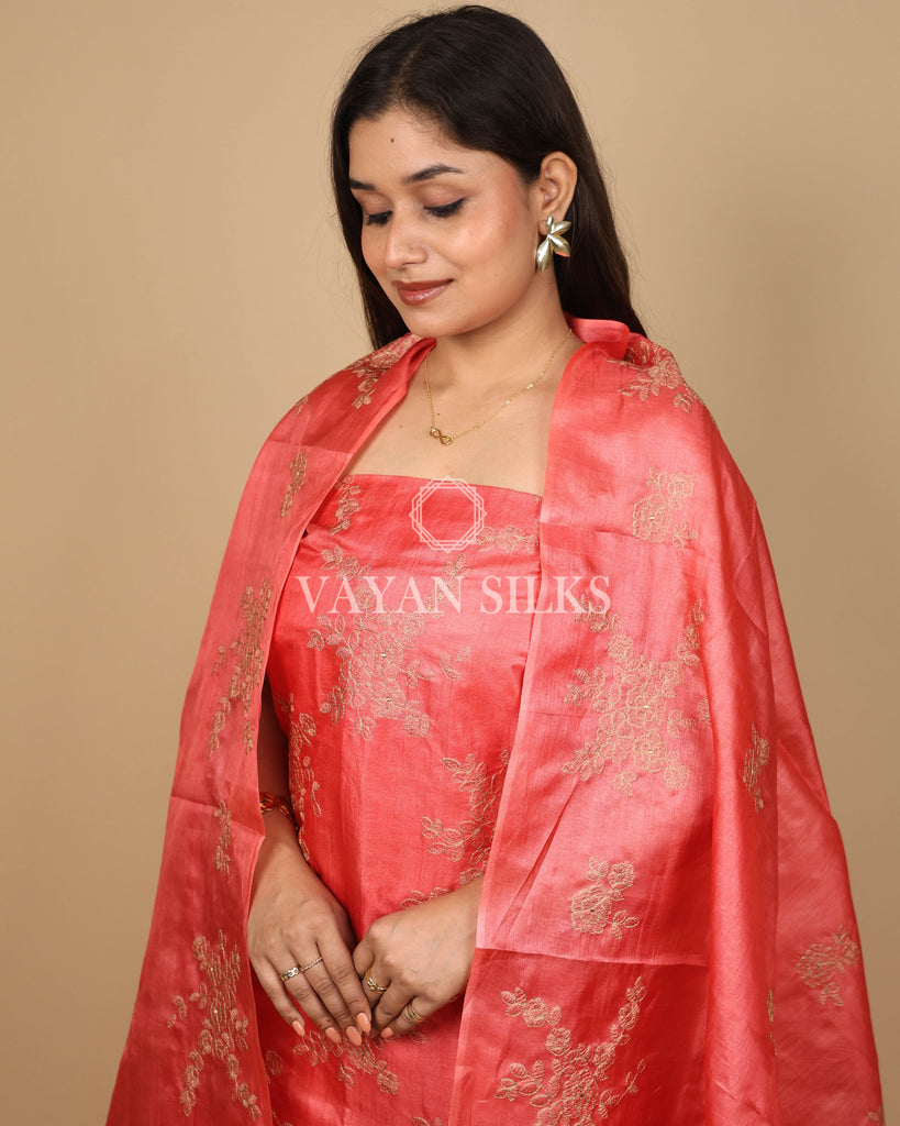 Peach Orange Embroidered Pure Tussar Silk Unstitched Suit Set