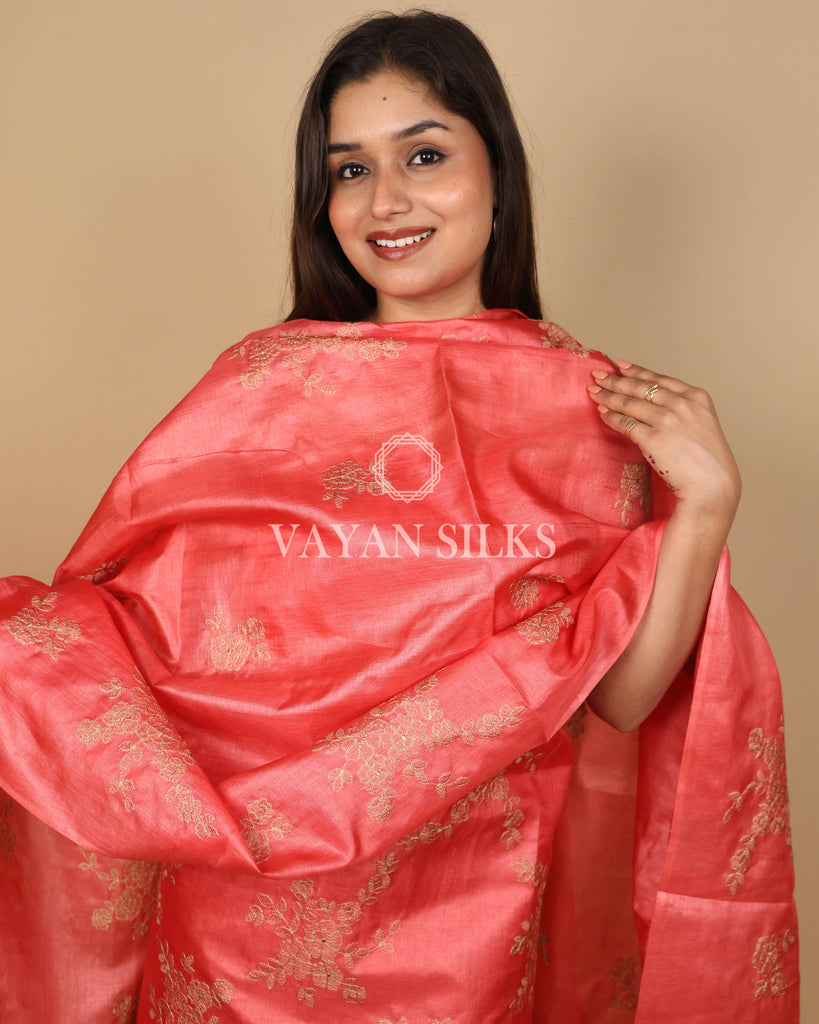 Peach Orange Embroidered Pure Tussar Silk Unstitched Suit Set