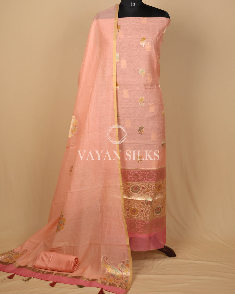 Peach Pure Mul Banarasi Silk Unstitched Suit Set