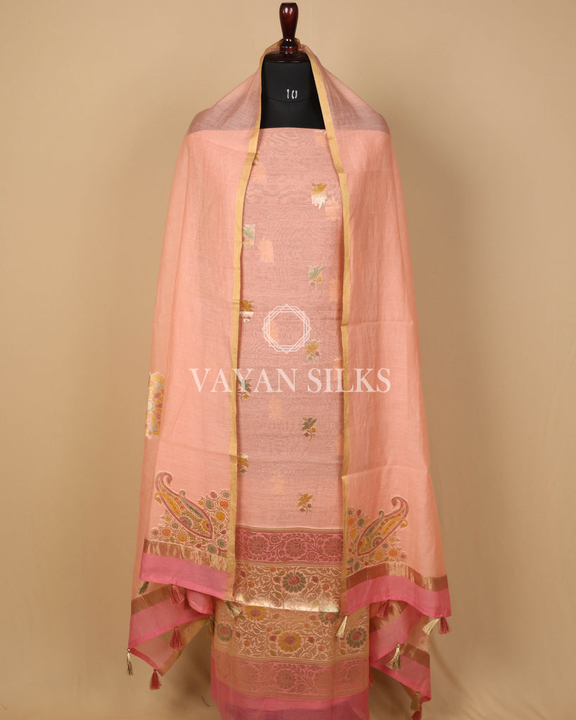 Peach Pure Mul Banarasi Silk Unstitched Suit Set