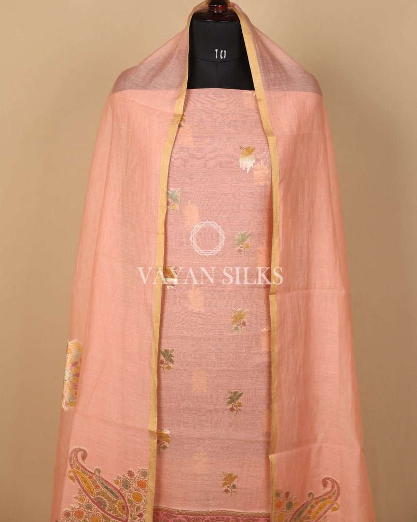 Peach Pure Mul Banarasi Silk Unstitched Suit Set
