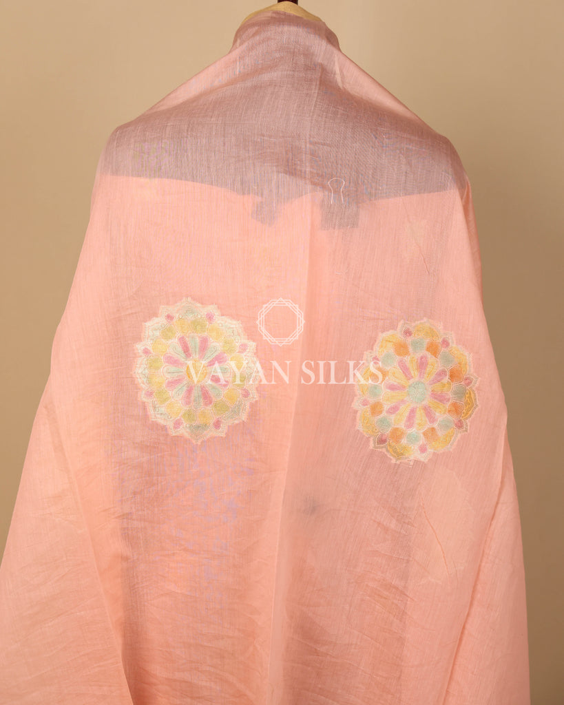 Peach Pure Mul Banarasi Silk Unstitched Suit Set