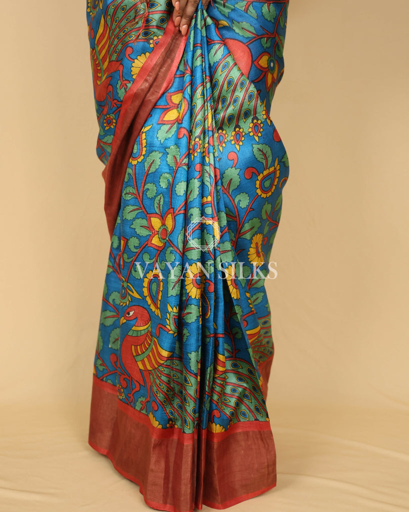 Peacock Blue Rust Orange Printed Pure Tussar Silk Saree