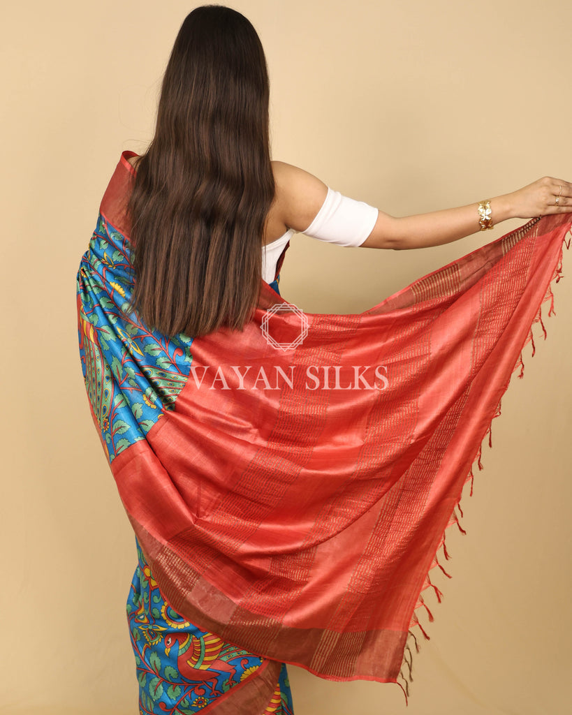 Peacock Blue Rust Orange Printed Pure Tussar Silk Saree