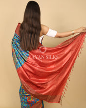 Load image into Gallery viewer, Peacock Blue Rust Orange Printed Pure Tussar Silk Saree
