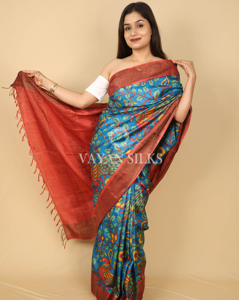 Peacock Blue Rust Orange Printed Pure Tussar Silk Saree