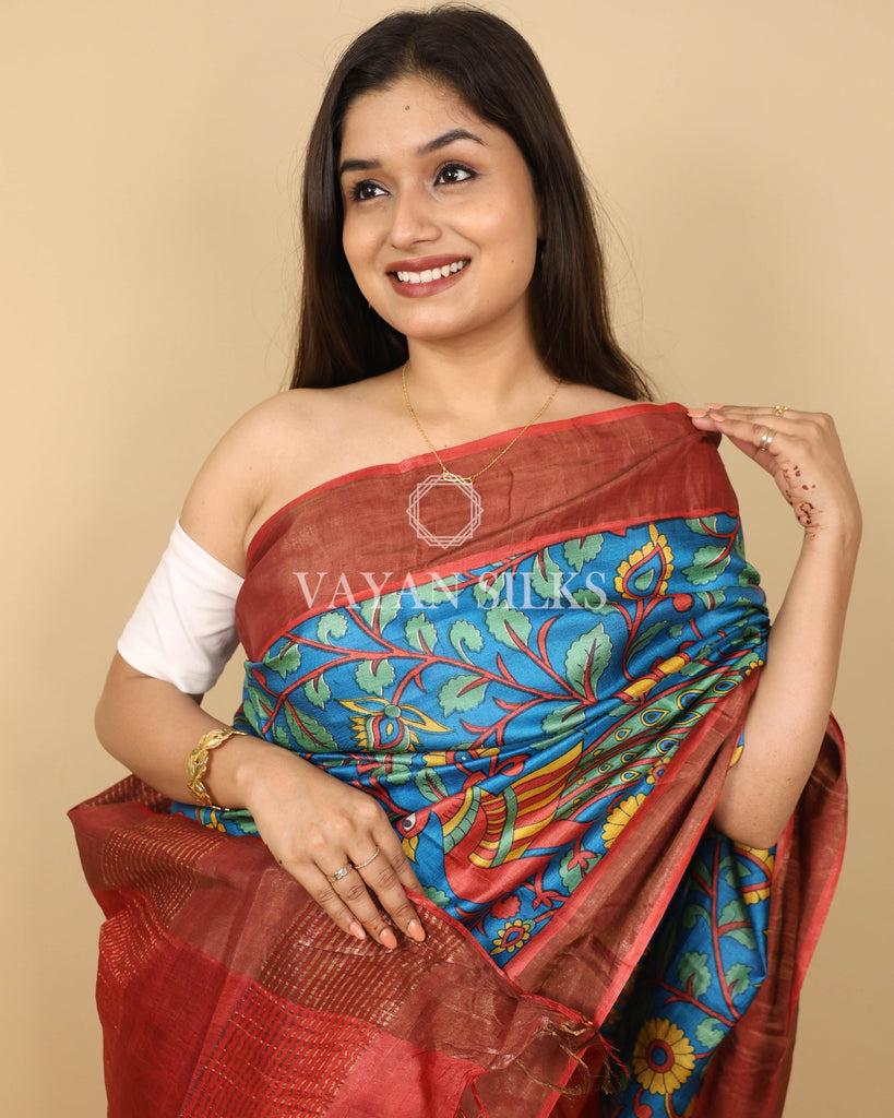 Peacock Blue Rust Orange Printed Pure Tussar Silk Saree