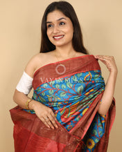 Load image into Gallery viewer, Peacock Blue Rust Orange Printed Pure Tussar Silk Saree