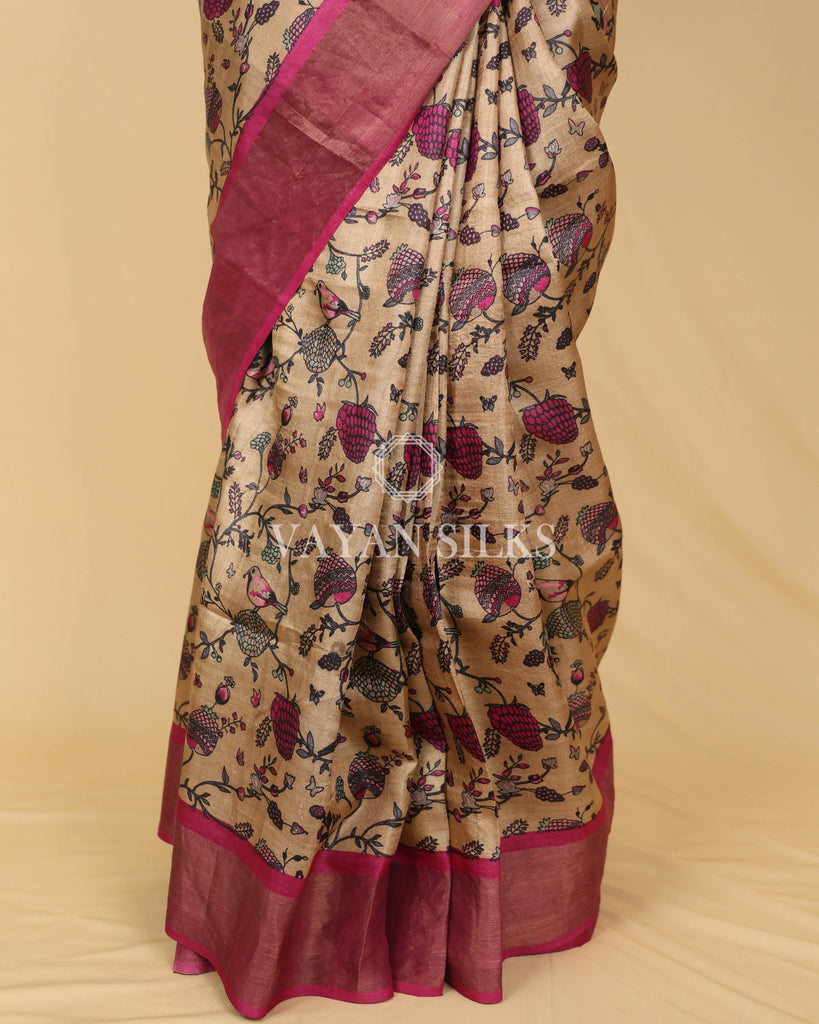 Pink Beige Printed Pure Tussar Silk Saree