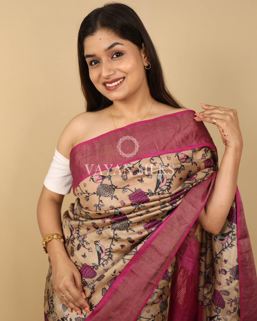 Pink Beige Printed Pure Tussar Silk Saree
