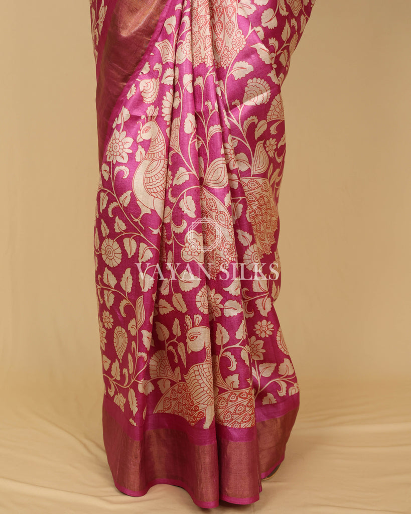 Pink Printed Pure Tussar Silk Saree