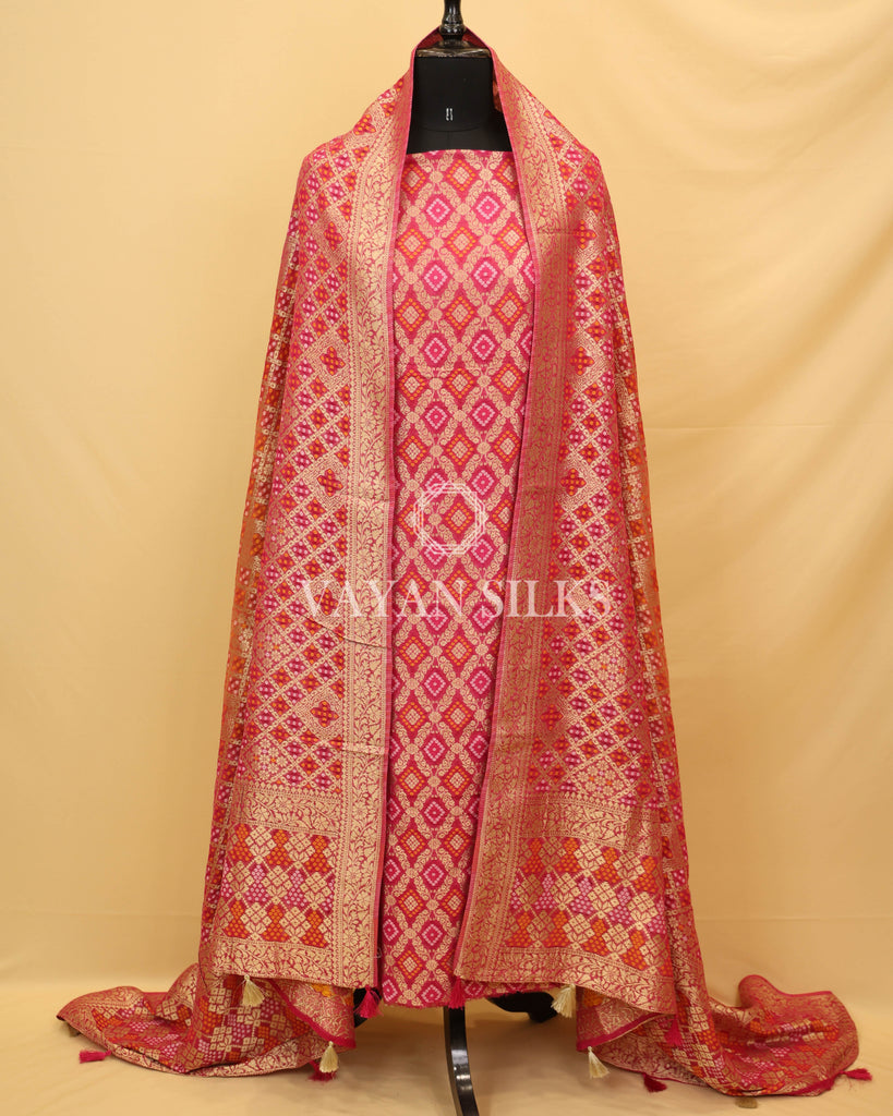 Pink Banarasi  Georgette Silk Unstitched Suit Set