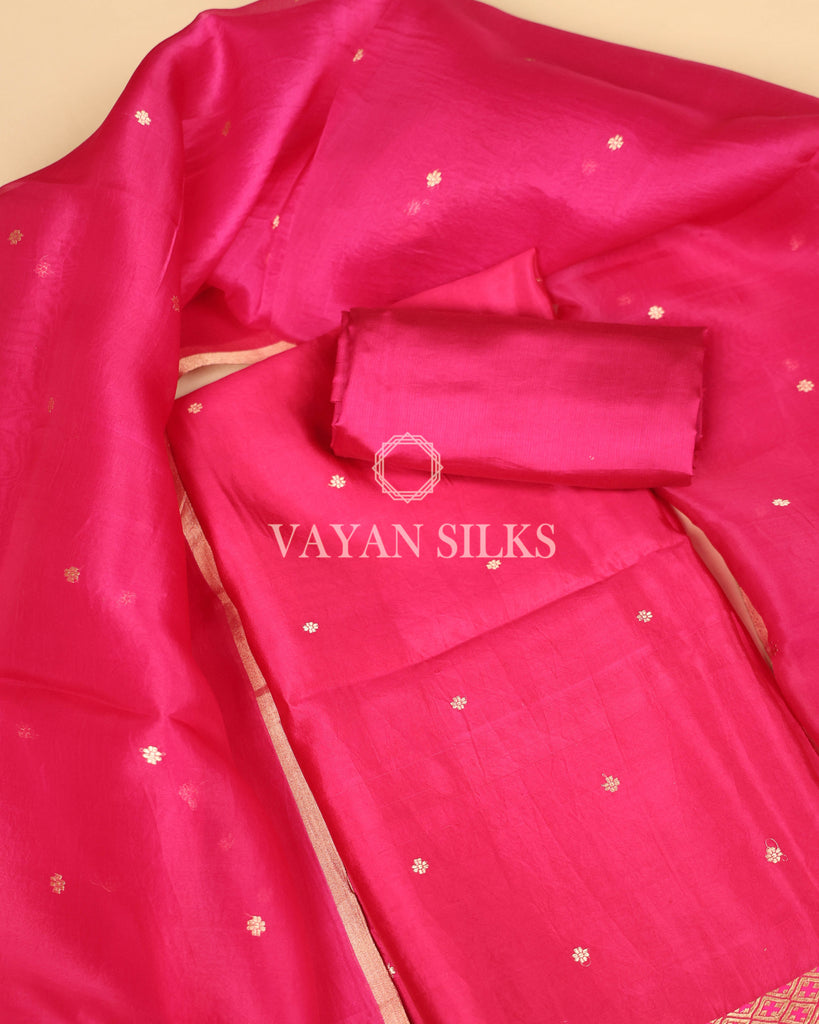 Pink Pure Banarasi Katan Silk Unstitched Suit Set