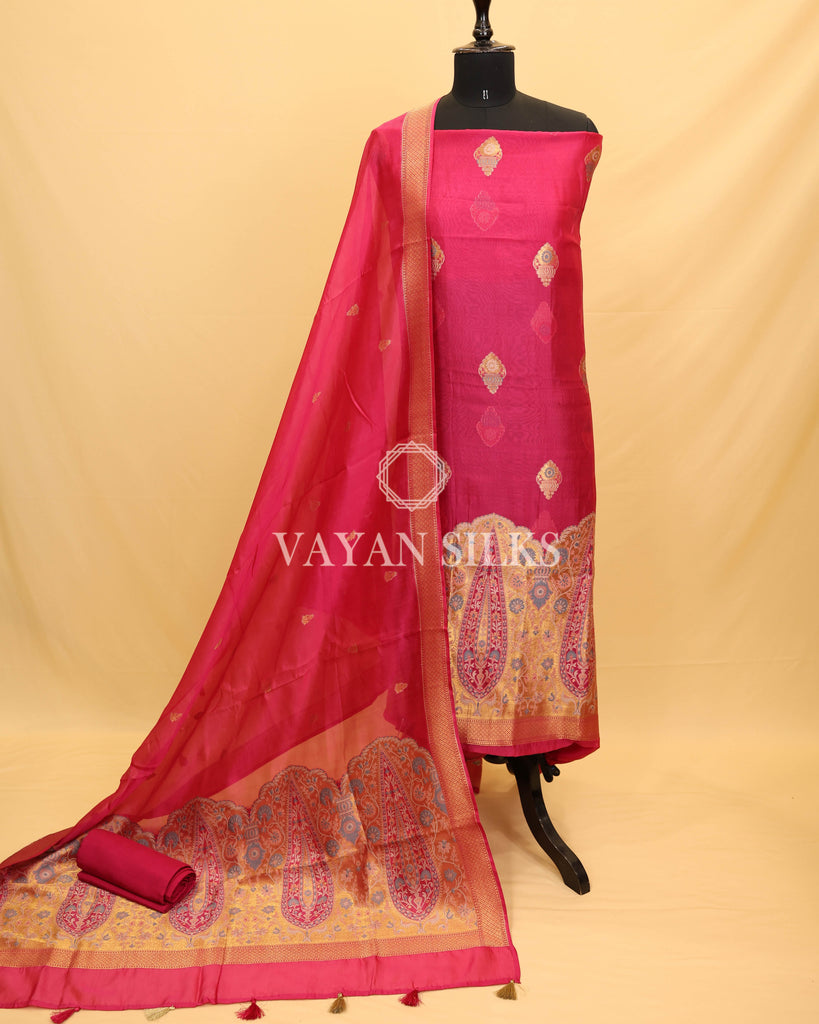 Pink Pure Organza Tilfi Banarasi Silk Unstitched Suit Set