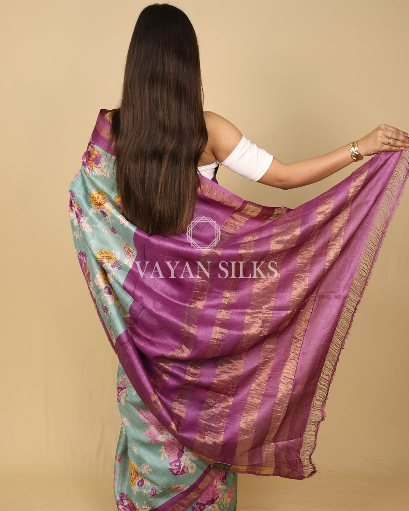 Sage Green Pink Printed Pure Tussar Silk Saree