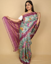 Load image into Gallery viewer, Sage Green Pink Printed Pure Tussar Silk Saree