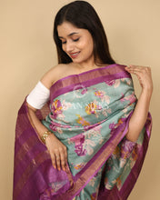 Load image into Gallery viewer, Sage Green Pink Printed Pure Tussar Silk Saree