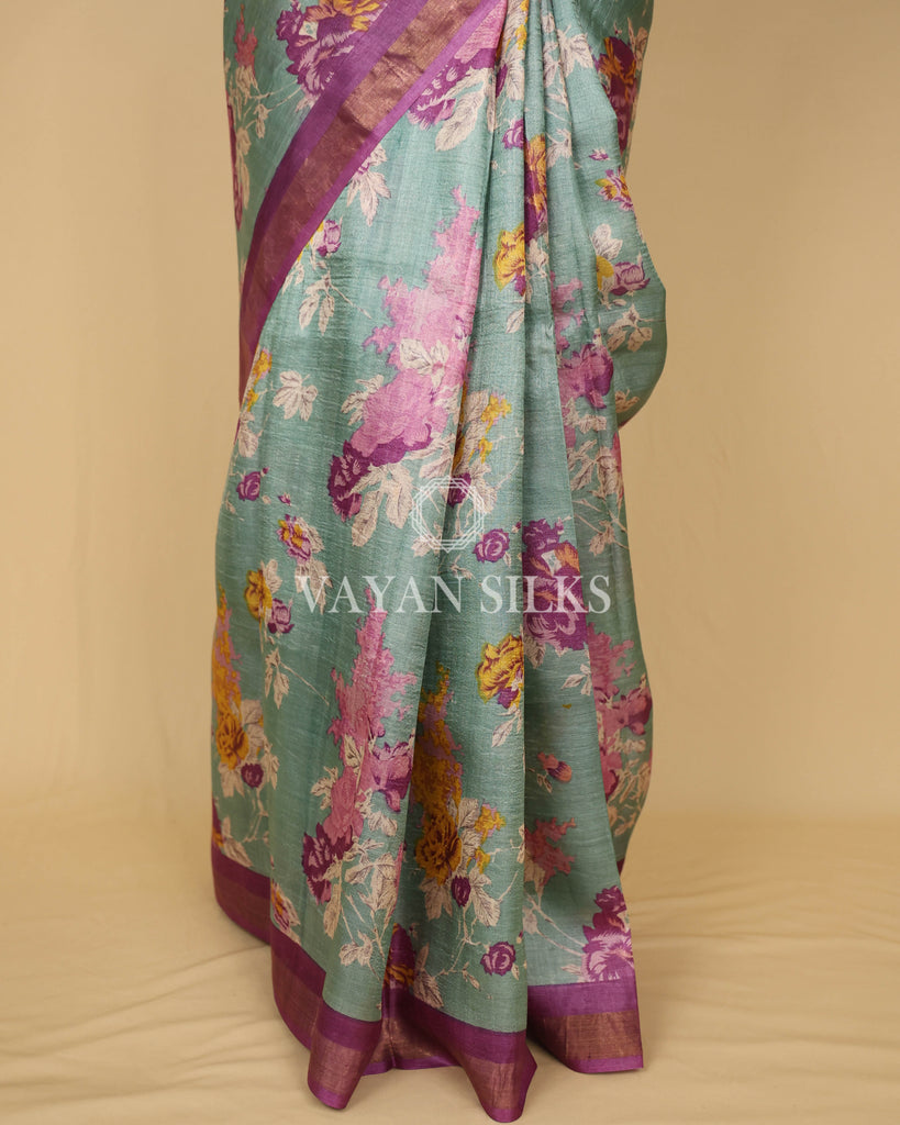Sage Green Pink Printed Pure Tussar Silk Saree