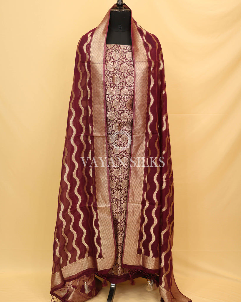 Purple Banarasi Brocade Organza Silk Unstitched Suit Set