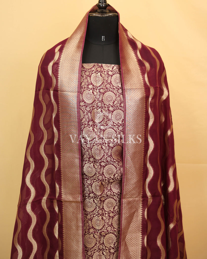 Purple Banarasi Brocade Organza Silk Unstitched Suit Set