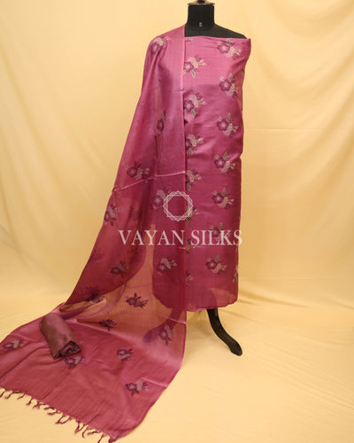 Purple Embroidered Pure Tussar Silk Unstitched Suit Set