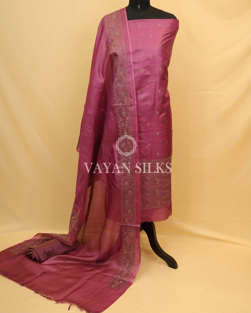 Purple Embroidered Pure Tussar Silk Unstitched Suit Set