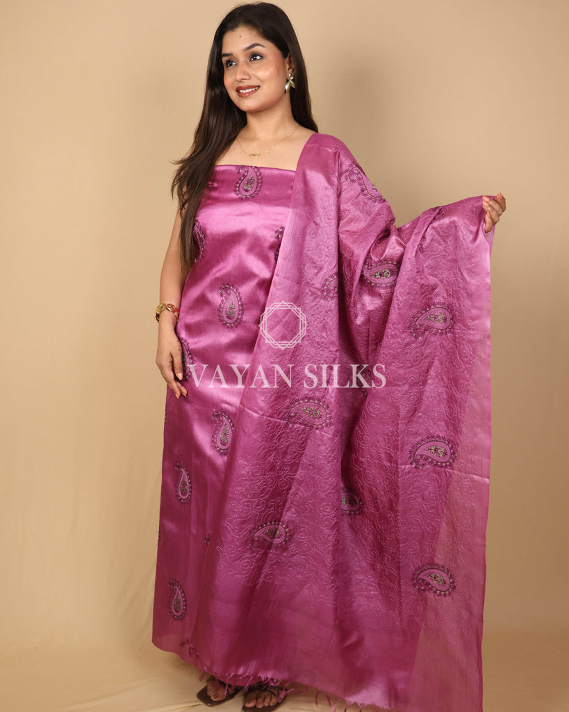 Purple Embroidered Pure Tussar Silk Unstitched Suit Set