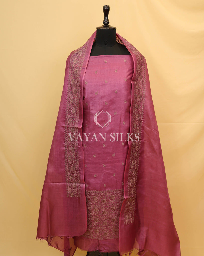 Purple Embroidered Pure Tussar Silk Unstitched Suit Set