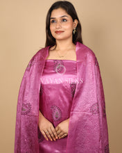 Load image into Gallery viewer, Purple Embroidered Pure Tussar Silk Unstitched Suit Set
