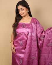 Load image into Gallery viewer, Purple Embroidered Pure Tussar Silk Unstitched Suit Set
