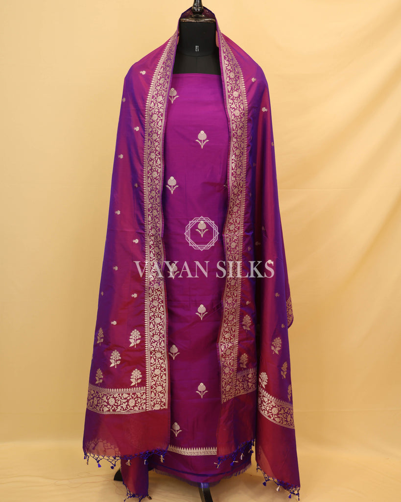 Purple Banarasi Silk Unstitched Suit Set