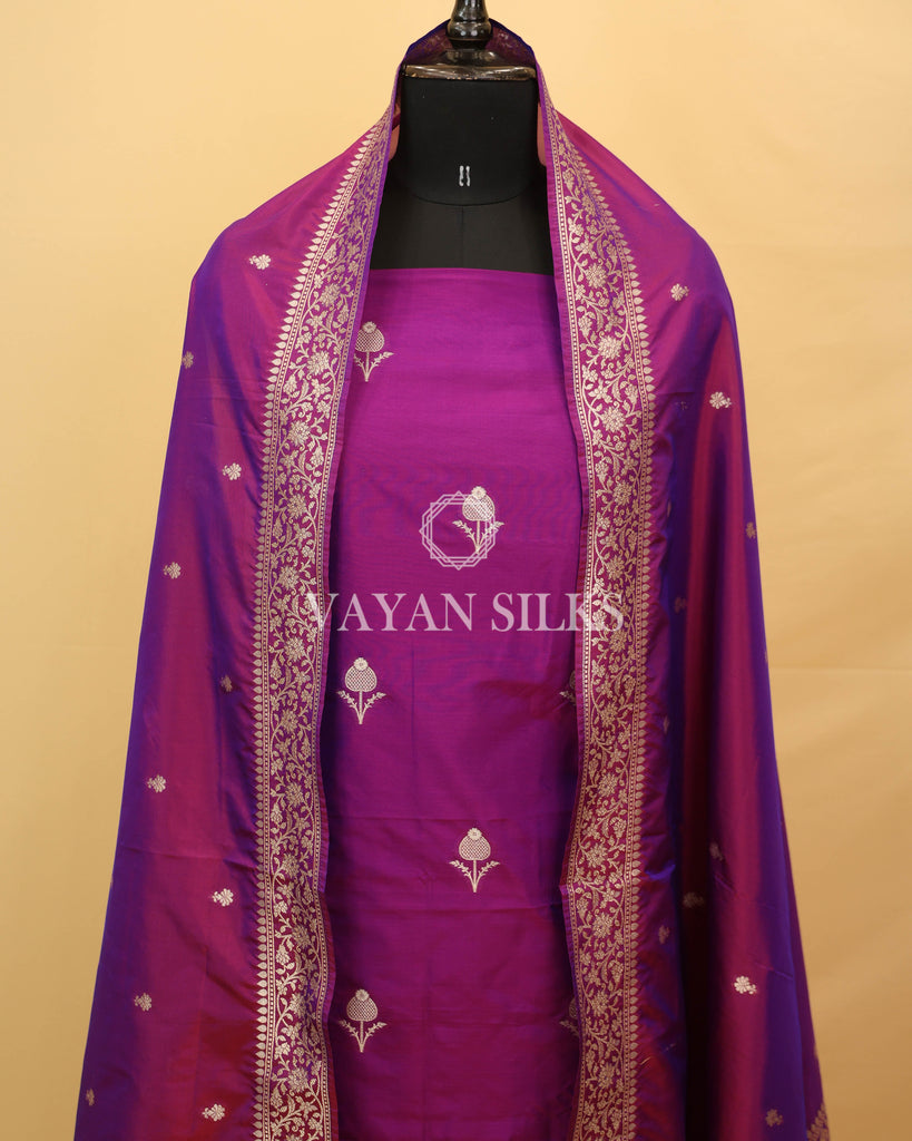 Purple Banarasi Silk Unstitched Suit Set