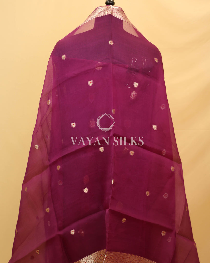 Purple Kora Banarasi Silk Unstitched Suit Set