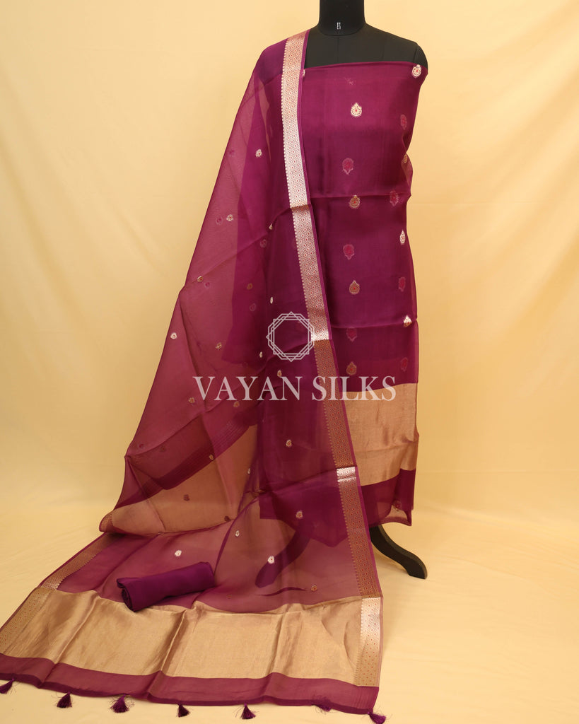 Purple Kora Banarasi Silk Unstitched Suit Set