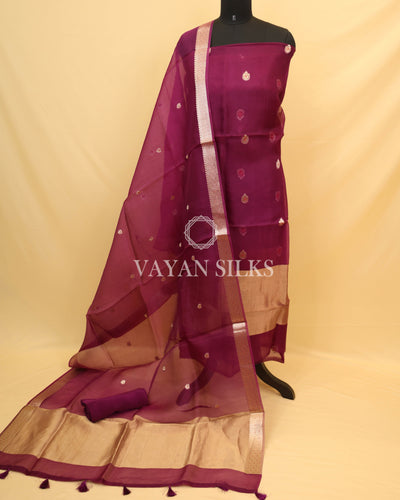 Purple Kora Banarasi Silk Unstitched Suit Set